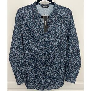 Allegra K Blue Floral Print Button Front Blouse Split V-Neck Size S  NWT